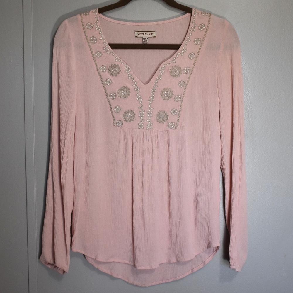 Blush Pink Embroidered Boho Peasant Blouse XS
